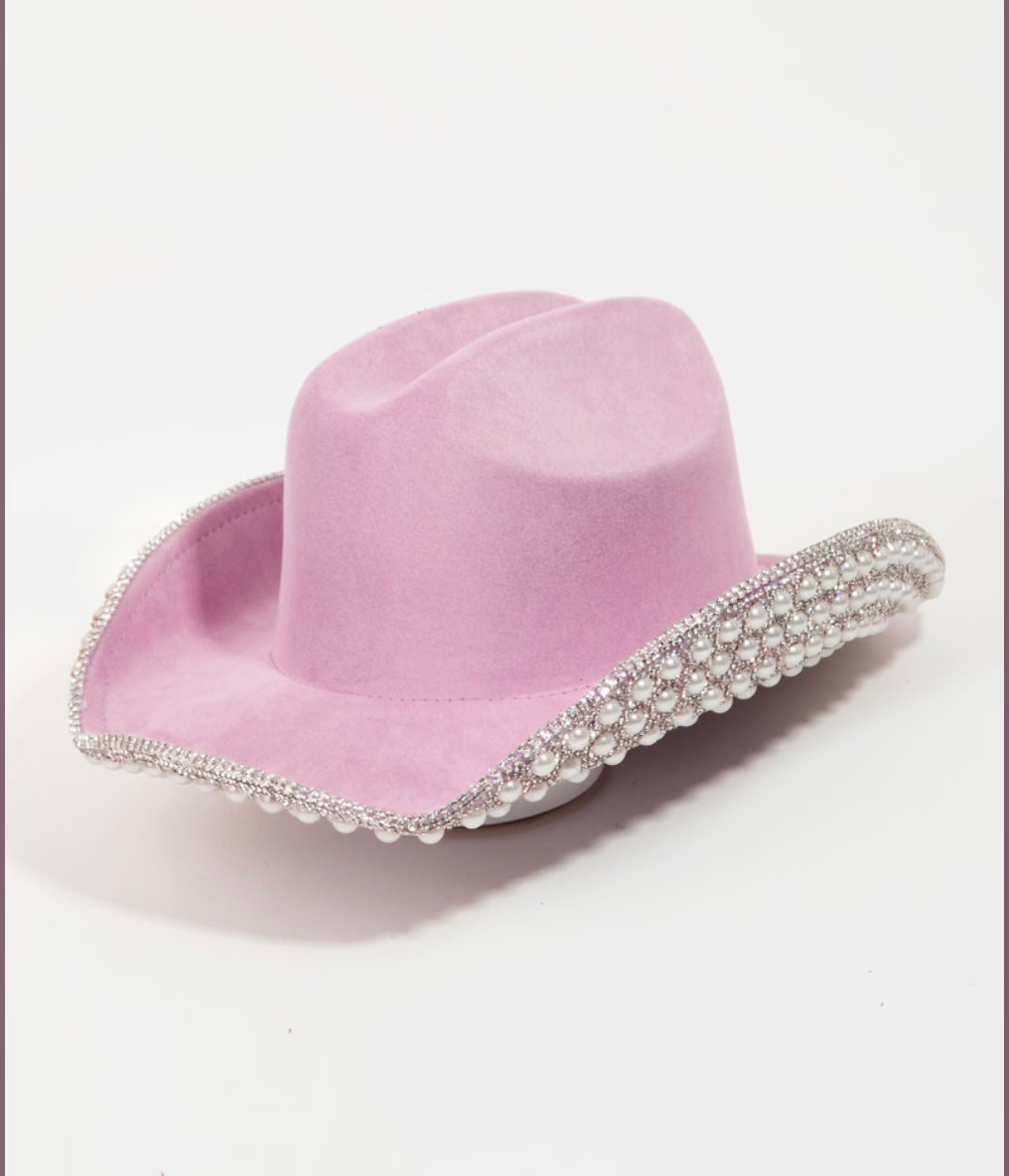 Pave Rhinestone Pearl Trim Cowboy Hat