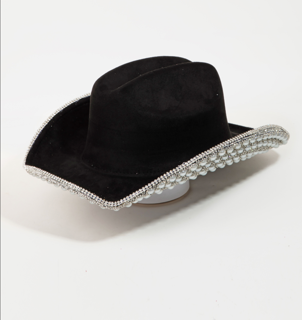 Pave Rhinestone Pearl Trim Cowboy Hat