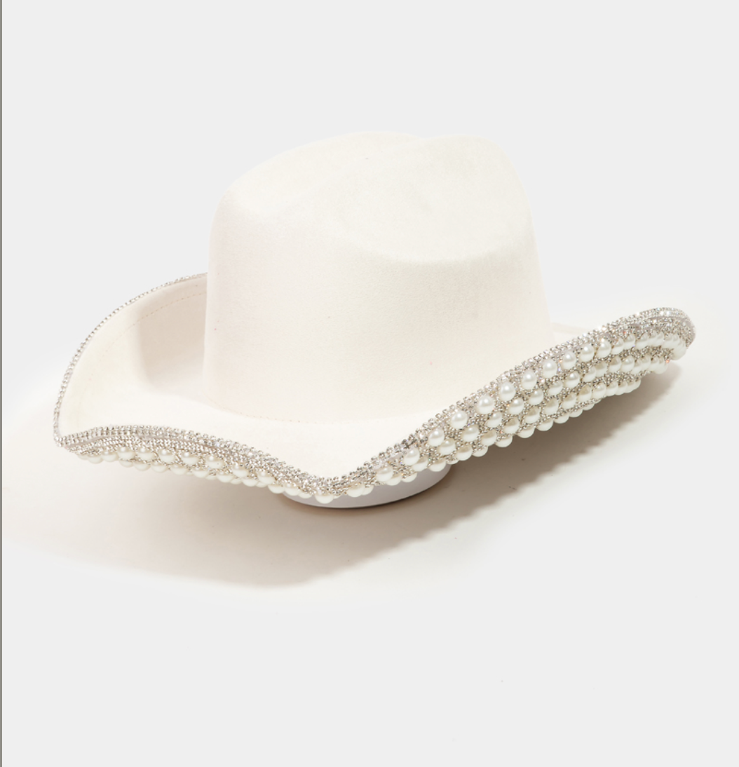 Pave Rhinestone Pearl Trim Cowboy Hat